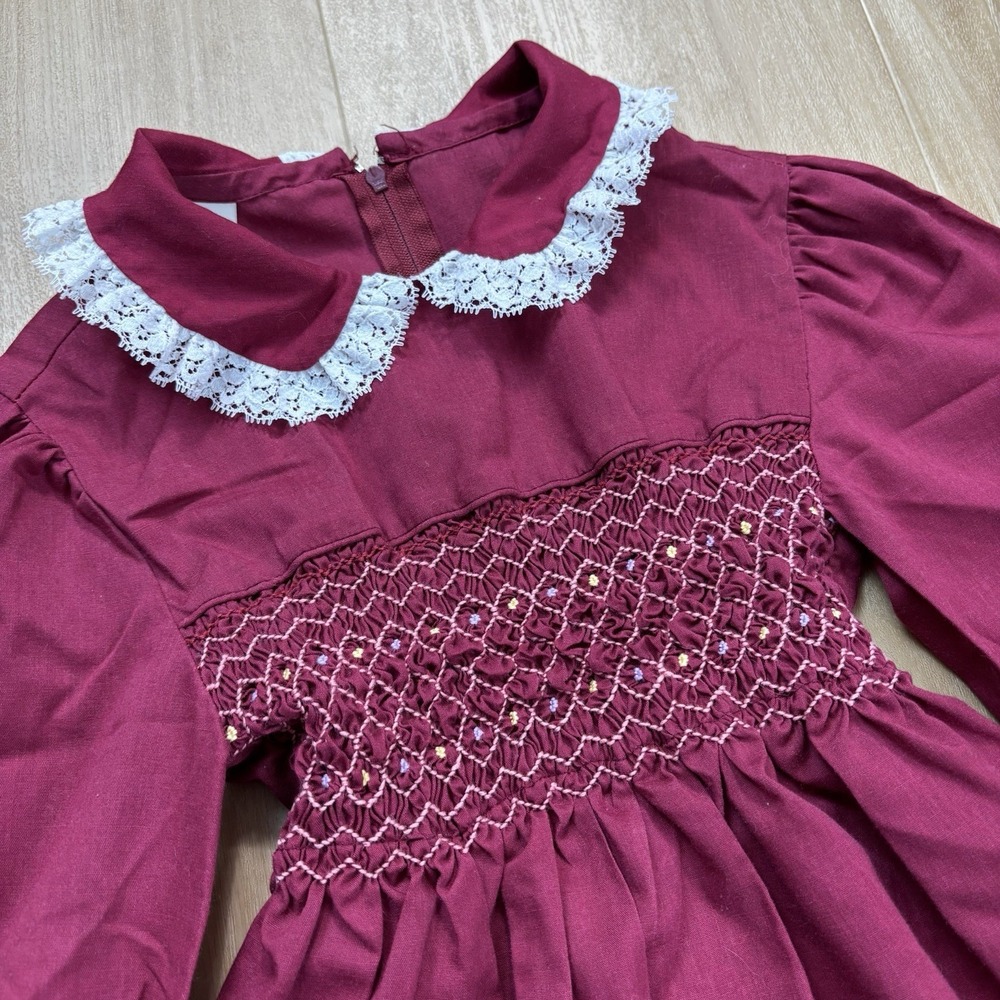 VTG Polly Flinders Hand Smocked Embroidered Long Sleeve Prairie Dress Maroon 10 - Picture 3 of 13